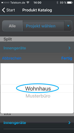 Screenshot - Projektauswahl