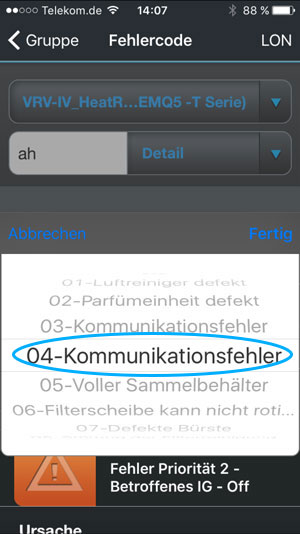 Screenshot - Fehlercode auswählen
