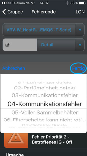 Screenshot - Fehlercodeauswahl bestätigen
