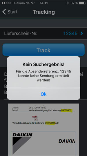 Screenshot - Tracking Kein Ergebnis